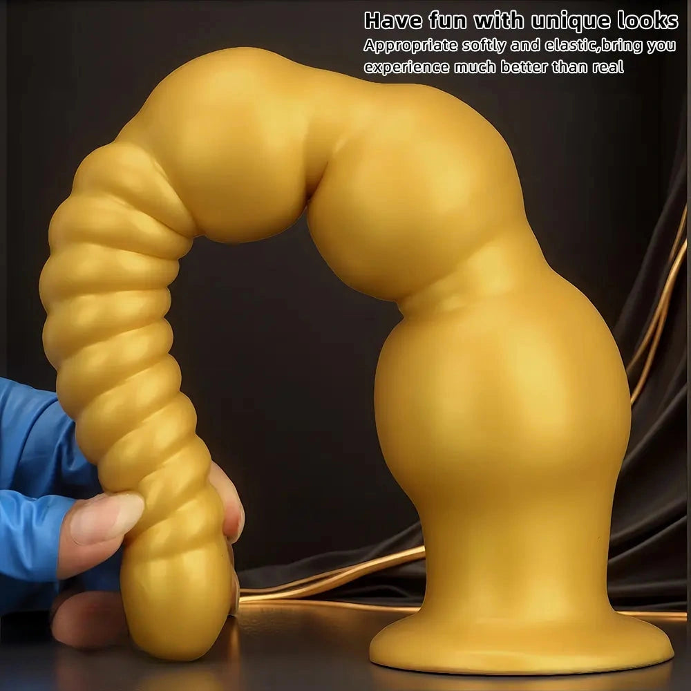 9.44in 13.38in Gold Silicone Pointed Thread Long Large Soft Dildo