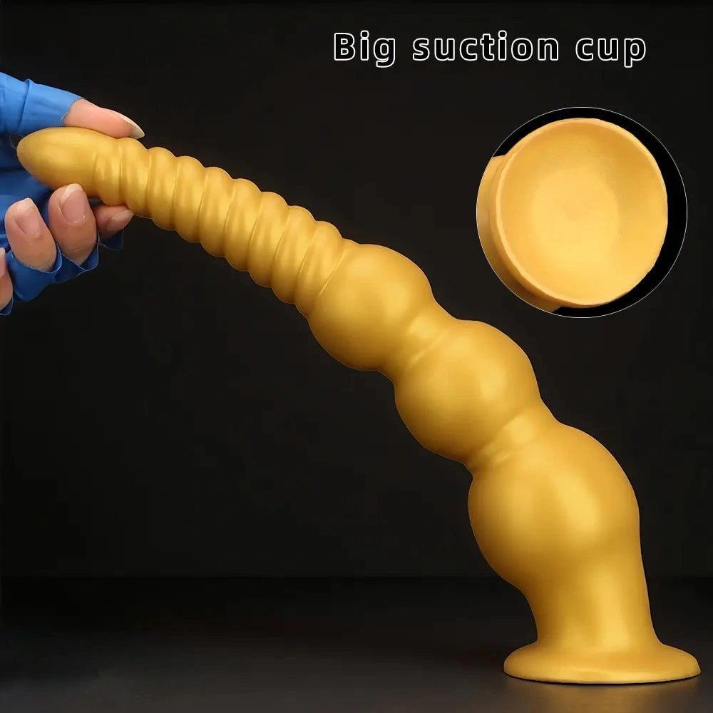 9.44in 13.38in Gold Silicone Pointed Thread Long Large Soft Dildo