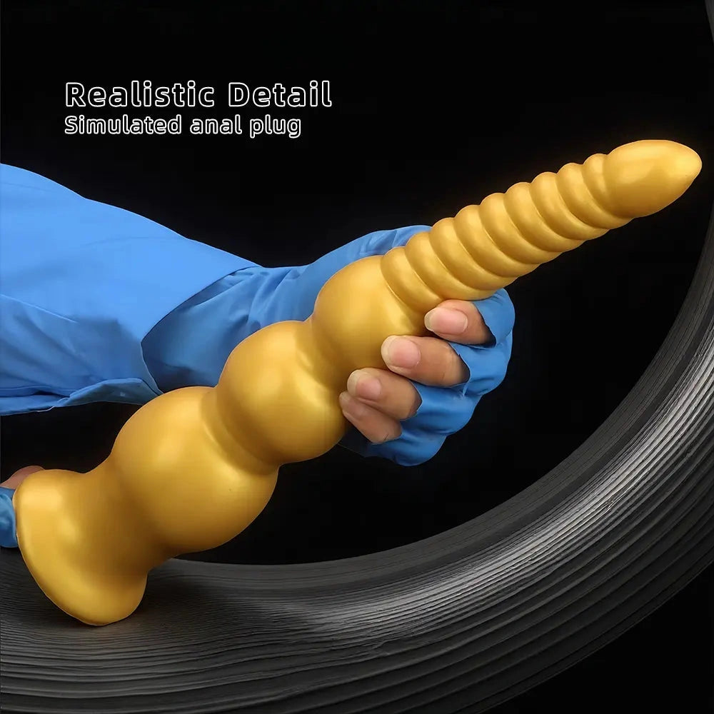 9.44in 13.38in Gold Silicone Pointed Thread Long Large Soft Dildo