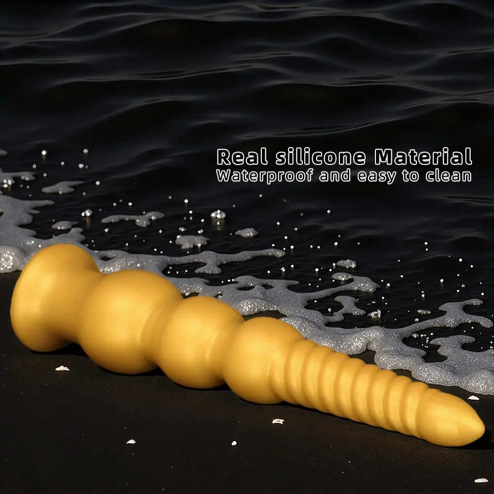 9.44in 13.38in Gold Silicone Pointed Thread Long Large Soft Dildo