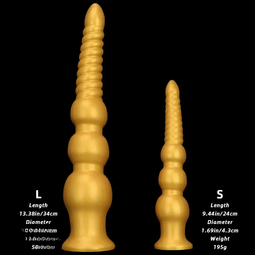 9.44in 13.38in Gold Silicone Pointed Thread Long Large Soft Dildo