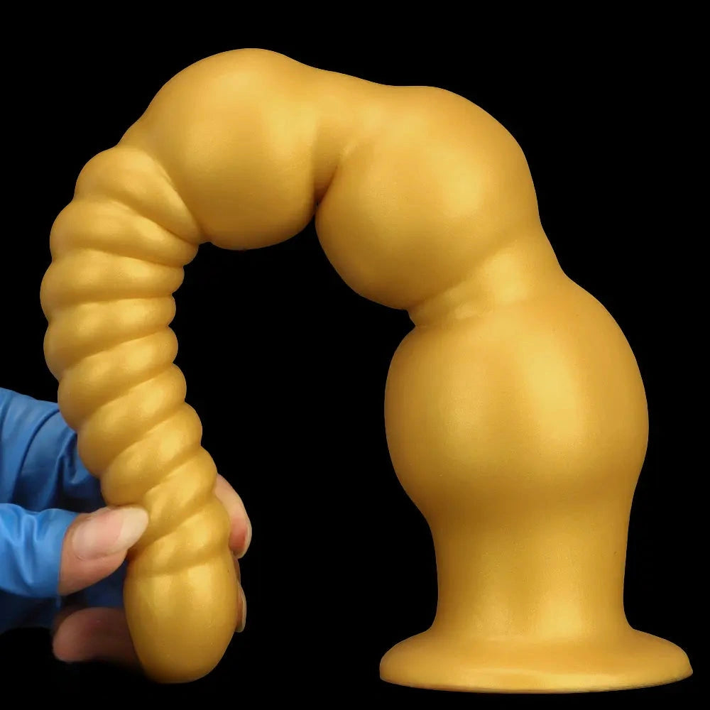 9.44in 13.38in Gold Silicone Pointed Thread Long Large Soft Dildo