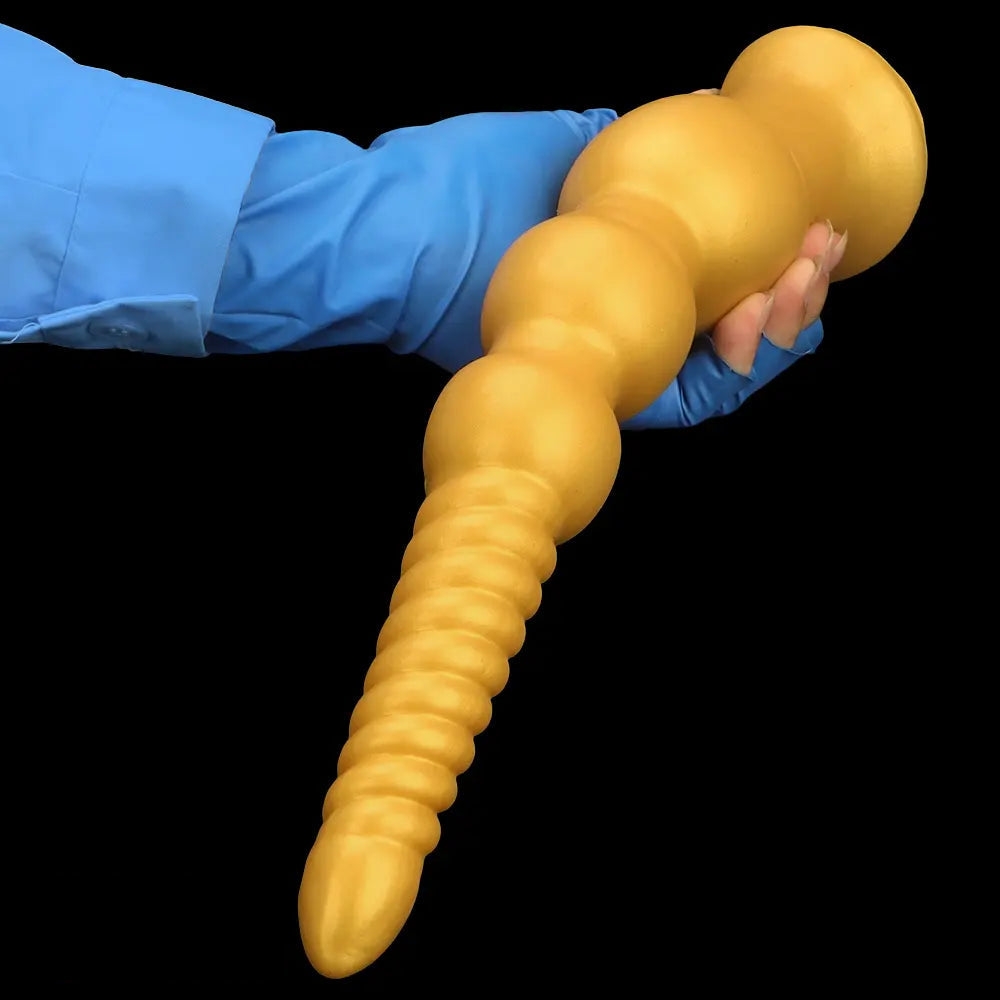 9.44in 13.38in Gold Silicone Pointed Thread Long Large Soft Dildo