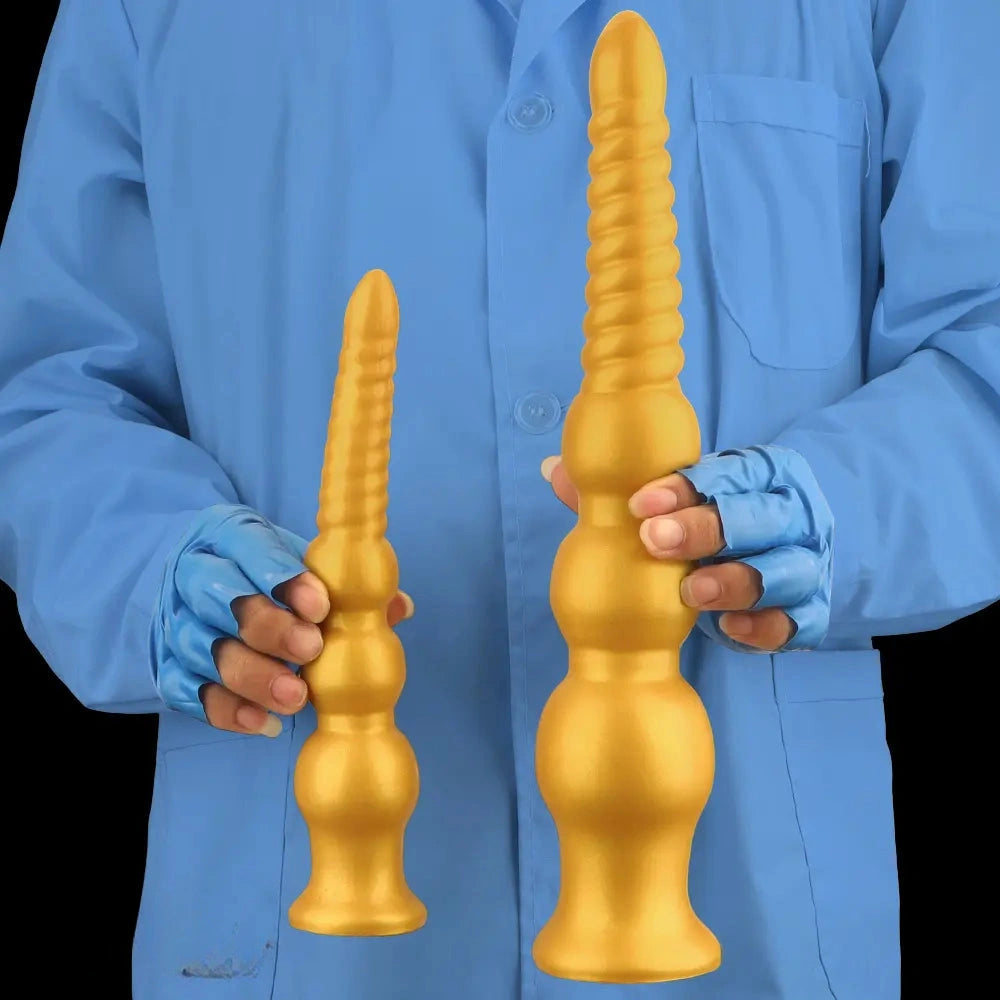 9.44in 13.38in Gold Silicone Pointed Thread Long Large Soft Dildo