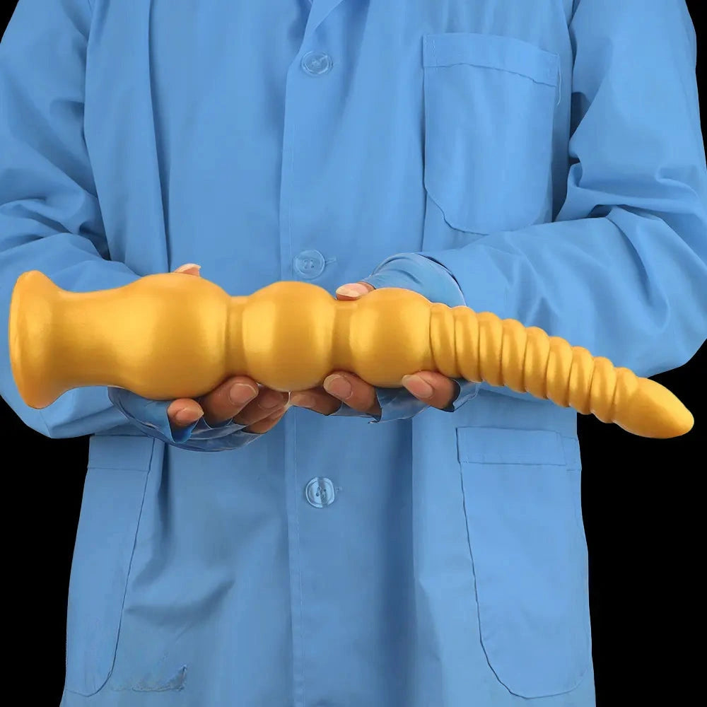9.44in 13.38in Gold Silicone Pointed Thread Long Large Soft Dildo