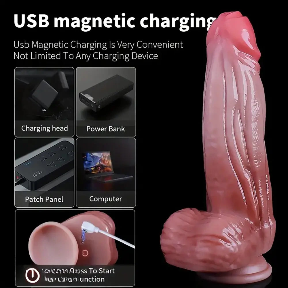 9.45in Big Real Silicone Heating Thrusting Vibrating Silicone Soft Dildo