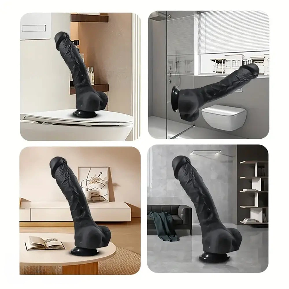 9.4in Realistic Texture Solid Black Silicone Soft Big Dildo For Anus