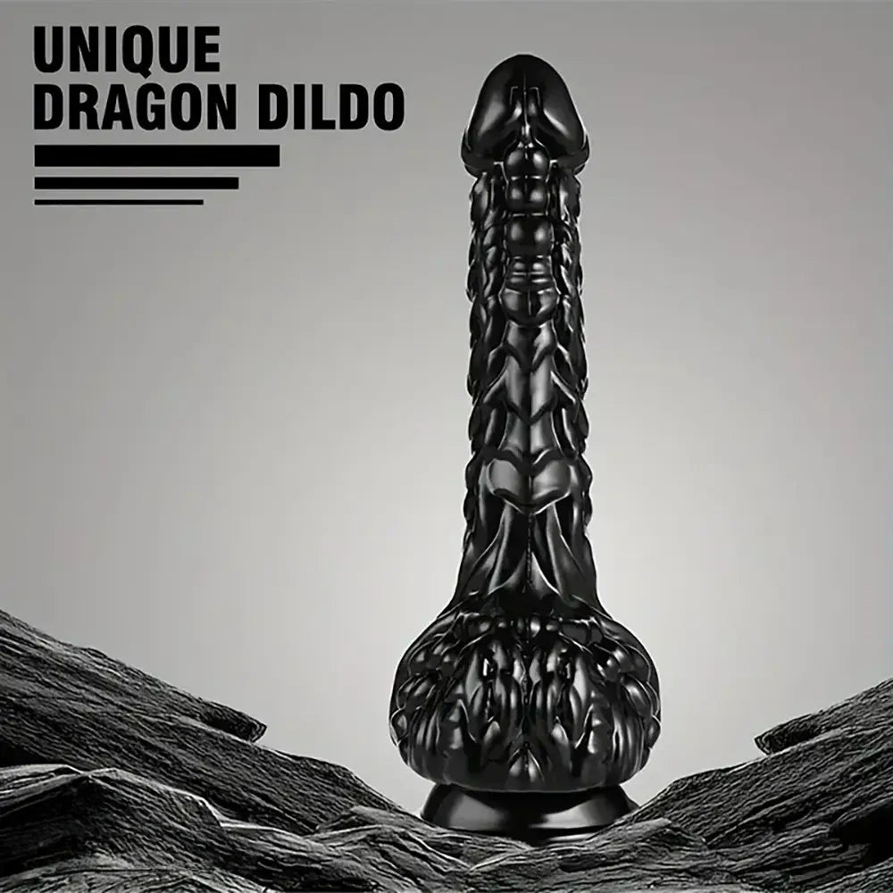 9in Dragon Big Black Fantasy Penis Scales Bumps PVC Cock Dildo