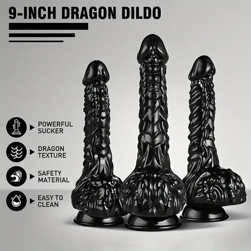 9in Dragon Big Black Fantasy Penis Scales Bumps PVC Cock Dildo