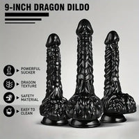9in Dragon Big Black Fantasy Penis Scales Bumps PVC Cock Dildo