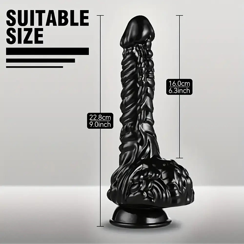 9in Dragon Big Black Fantasy Penis Scales Bumps PVC Cock Dildo