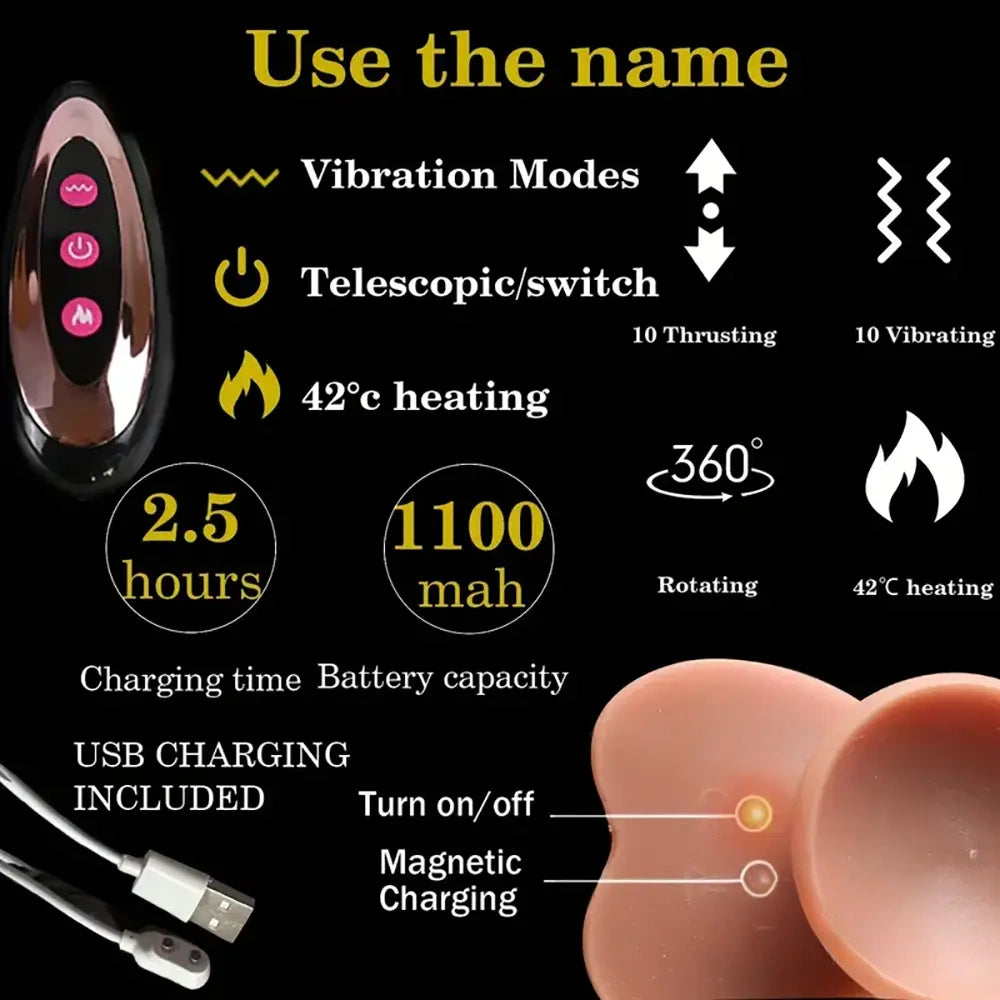 9in Ebony 4in1 Heating Thrusting Vibrating Rotation Remote Control Dildo