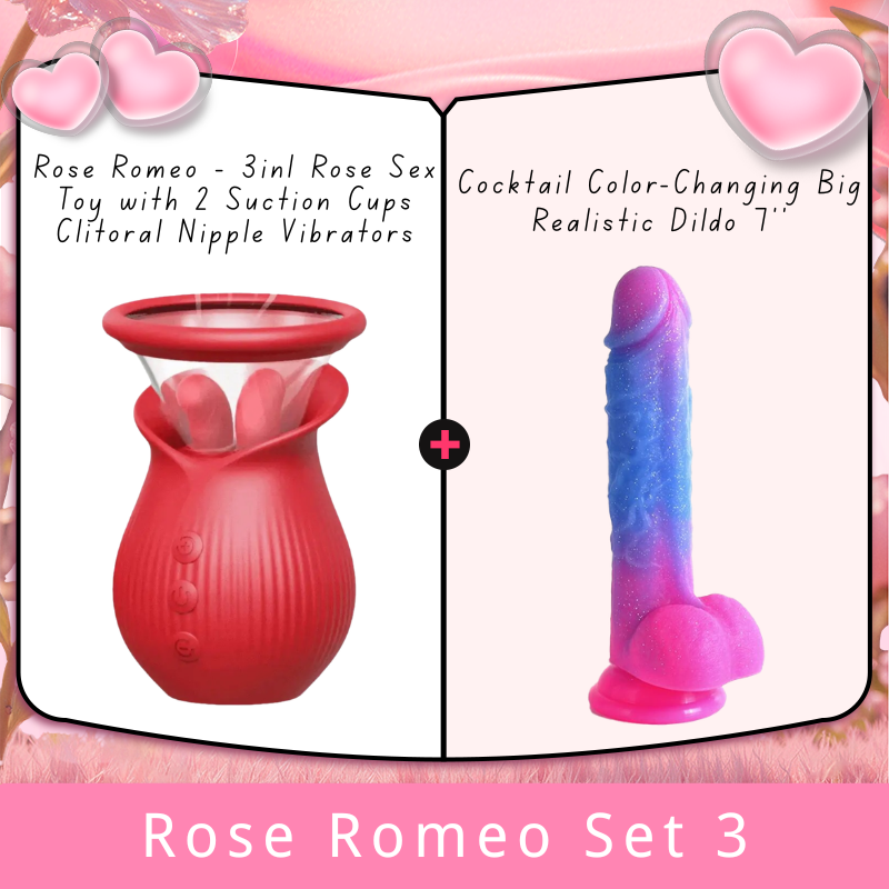 Rose Romeo - 3in1 Rose Sex Toy with 2 Suction Cups Adult Toys Female Clitoral Nipple Vibrators with 10 Licking Sucking Vibrating