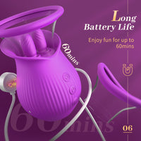 Rose Romeo - 3in1 Rose Sex Toy with 2 Suction Cups Adult Toys Female Clitoral Nipple Vibrators with 10 Licking Sucking Vibrating