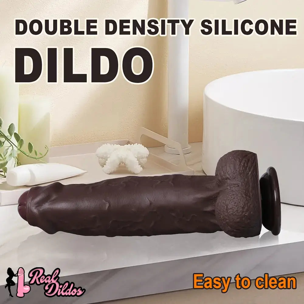 10.13in Uncut Realistic Skin Double Density Silicone Big Dildo Hands-Free Use
